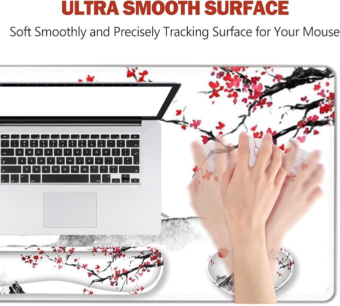 ToLuLu Extended Gaming Mouse Pad, Memory Foam Ergonomic Keyboard Mouse Wrist Rest Support Set, Large Desk Mat with Stitched Edges, Non-Slip Base Mousepad for Home Office Game, Cherry Blossom Sakura