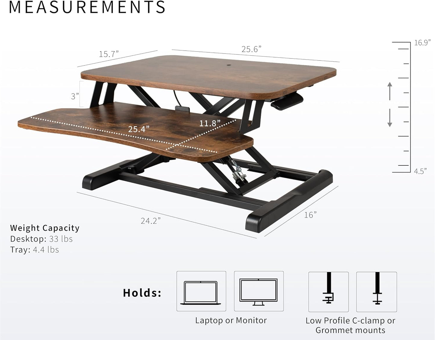 VIVO 26 inch Desk Converter, K Series, Height Adjustable Sit to Stand Riser, Dual Monitor and Laptop Workstation with Keyboard Tray, Rustic Vintage Brown Top, Black Frame, DESK-V026KN