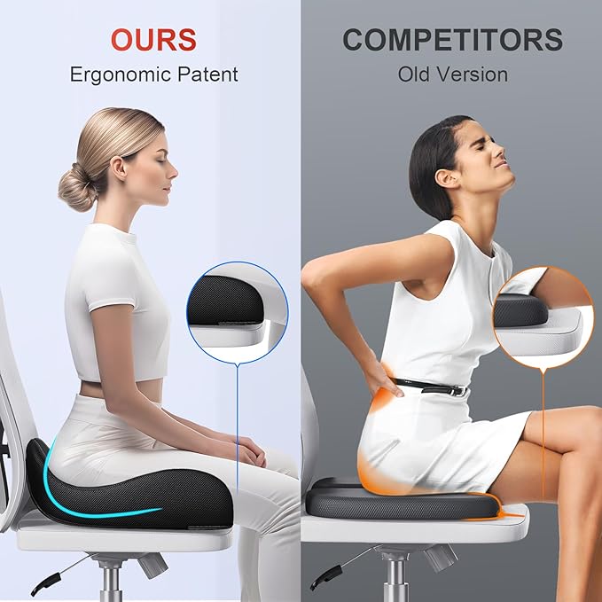 Benazcap Memory Foam Seat Cushion Relieves Sciatica & Tailbone Pain | Ergonomic design, washable cover & anti-slip base, long-sitting pad for office, gaming and car seats Black