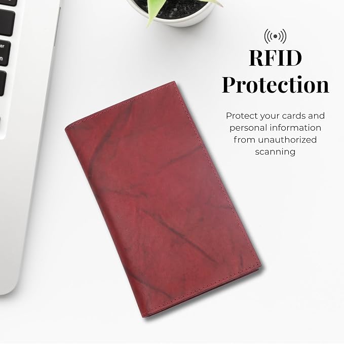 20 Card Wallet for Men, Long RFID Leather Credit Card Holder, Burgundy | 2 Bill Compartments | ID Window | Open Bifold | Organized Carry | Jacket Friendly