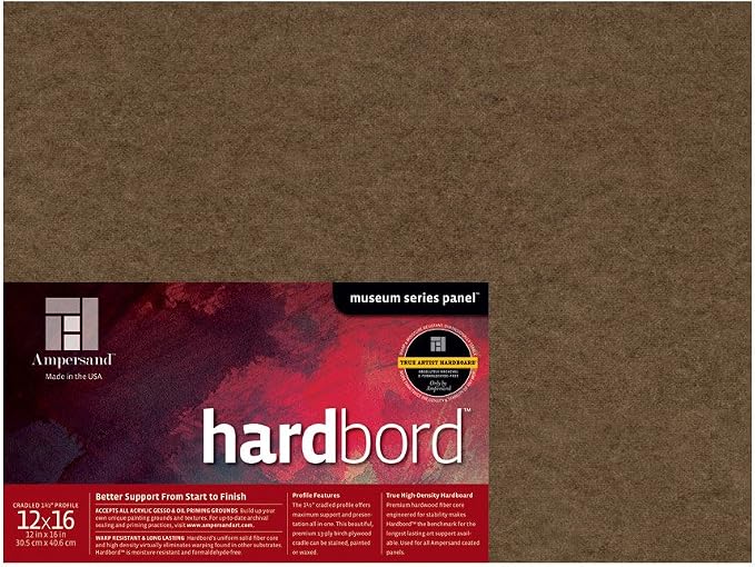 Ampersand Art Supply Hardboard Wood Painting Panel: Museum Series Hardbord, 12" x 16", 1-1/2 Inch Cradled Profile