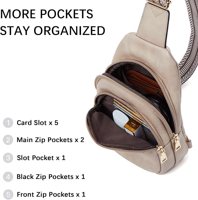 BOSTANTEN Sling Bag for Women Leather Crossbody Bags Fanny Pack Chest Bag for Travel | Adjustable Wide Strap, Small, Anti Theft, Lightweight, Multi Pockets and Carrying Way, Card Slot, Cute Trendy for Everyday
