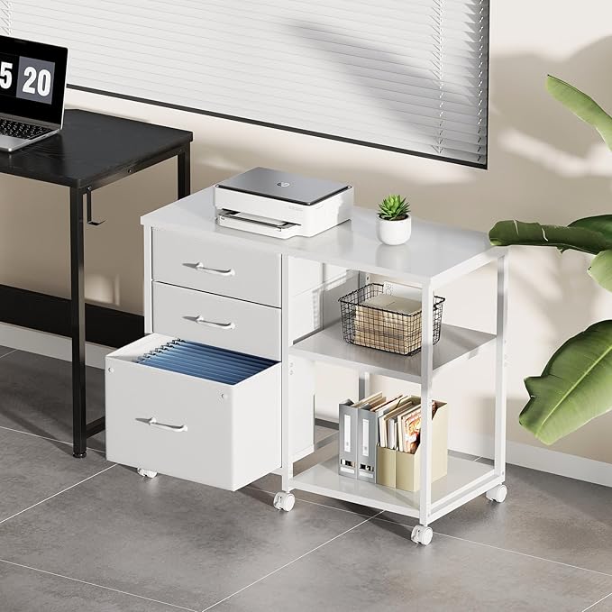 Maihail 3 Drawer File Cabinet with Wheels Rolling Printer Stand with Open Storage Shelf Fabric Lateral Filing Cabinet for Home Office,White