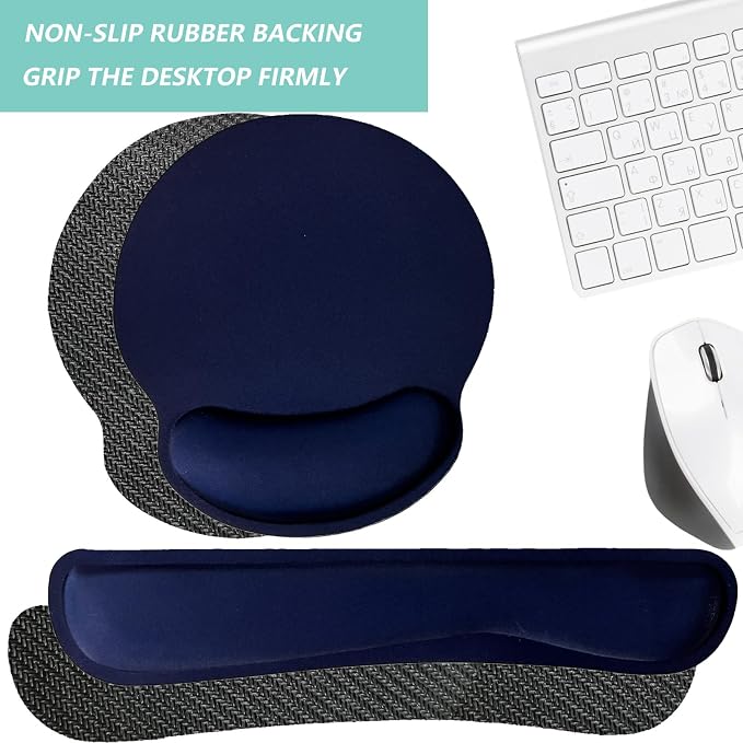 Keyboard Wrist Rest Pad Mouse Pad with Wrist Support Set of 3, Mousepad with Non-Slip Rubber Base, Ergonomic Memory Foam Mouse Wrist Cushion Support for Home Office Laptop Computer Gaming, Navy Blue