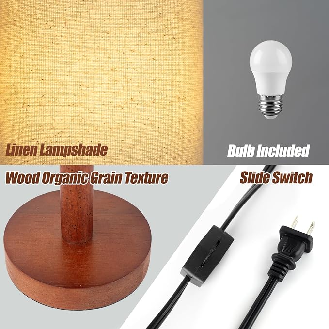 LALISU Small Table Lamp Nightstand Lamp Linen Lampshade Bedroom Wood Base Small Bedside Lamp for Night Stands, Desk Lamps for Reading Living Room, Office (LED Bulb Included) (Black-Walnut Wood（2）)