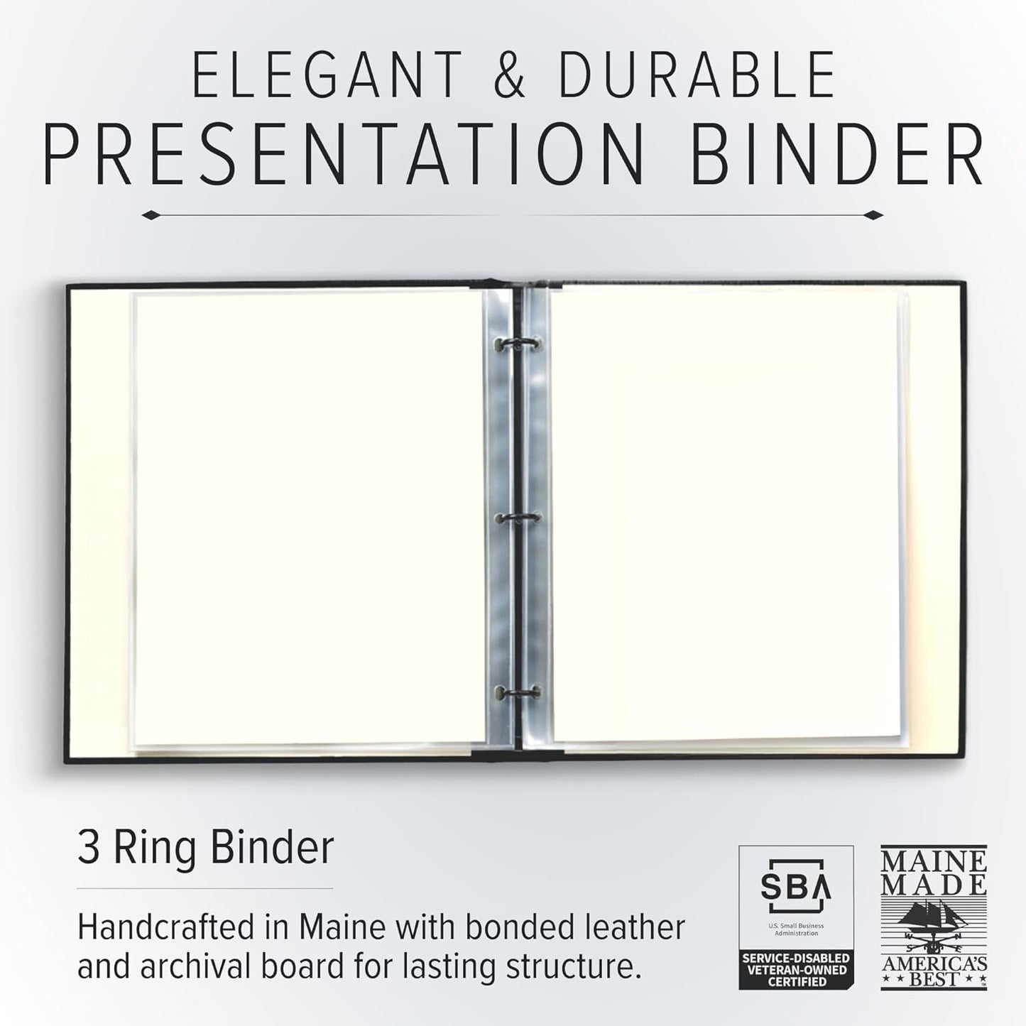 Gallery Leather 3 Ring Binder with Plastic Sleeves, Includes 10 Sheets, Sheet Size: 8.5" x 11" - Presentation Binder Rings with Window and Hubbed Spine, Thick: 1.25" Freeport Mocha