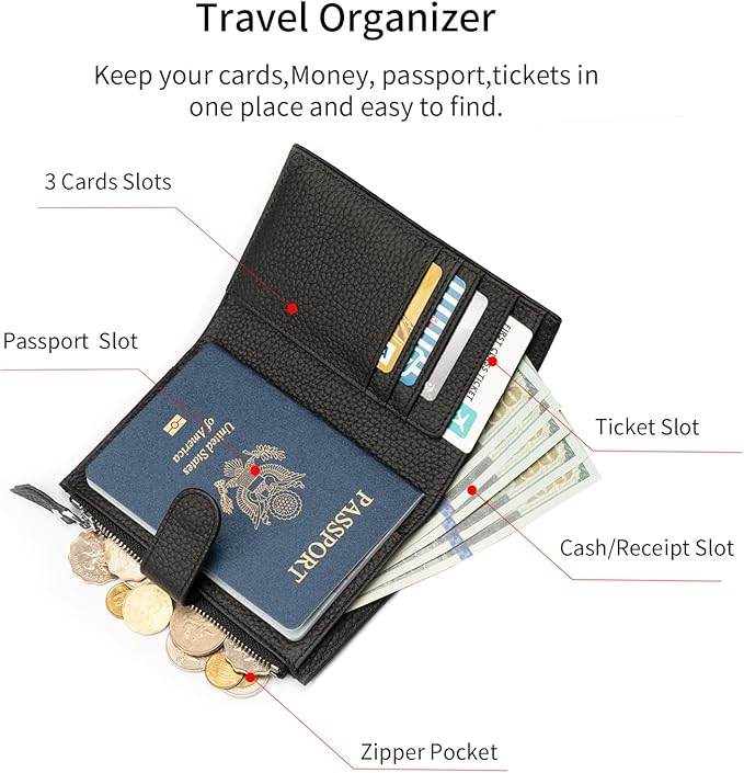Passport wallet and Card Slot Combo RFID Blocking Leather Travel Passport Wallet for Men and Women with Zippered Coins Pocket Passport holder, Black