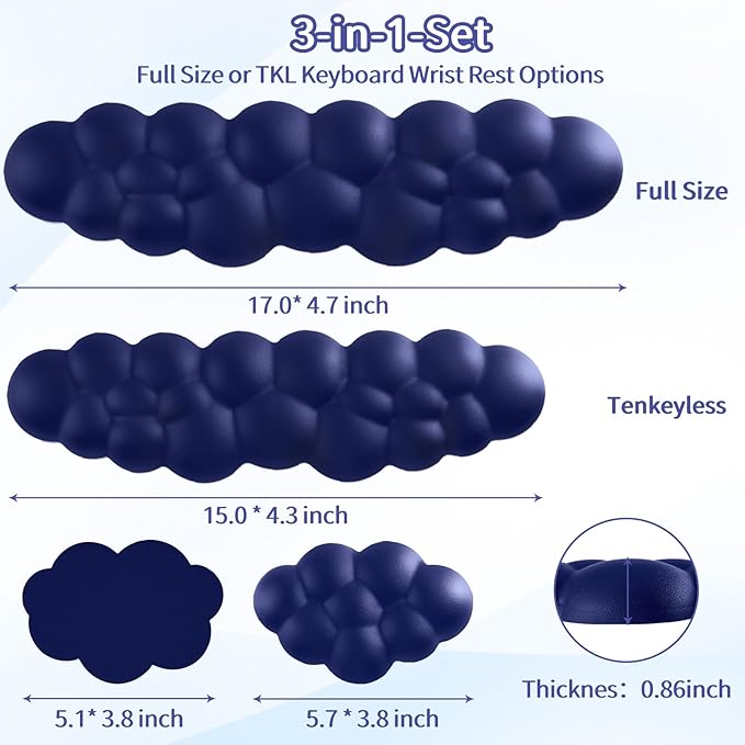Cloud Wrist Rest Keyboard, Cloud Keyboard Wrist Pad Set with PU Leather Memory Foam, Cute Arm Rest for Palm Support, PC/Gaming Desk Accessories/Office Setup/Computer Hand Cushion - Dark Blue