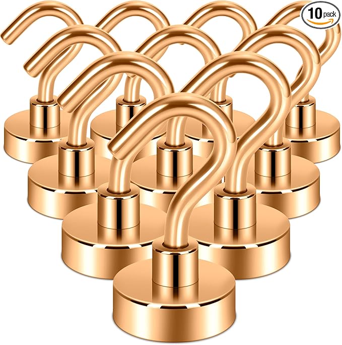 Neosmuk Magnetic Hooks,30lb+ Heavy Duty Earth Magnets with Hook for Refrigerator, Extra Strong Cruise Hook for Hanging, Magnetic Hanger for Cabins, Grill (Bronze, 10 Pack)