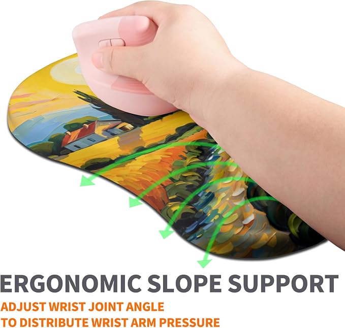 Ergonomic Joint Wrist Support Mouse Pad with Memory Foam Cushion Massage Bump, Carpal Tunnel Pain Relief Mousepad Slope Design for Wrist Rest, 11.8x7.9 in, Warm Sun