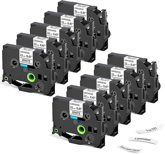 Label KINGDOM Aze-231 Refill Compatible with Brothr p Touch tze laminatied Label Maker Tape 12mm 1/2"(0.47") for ptouch Printer PTD210 PTD220 PTH110, 10 Pack