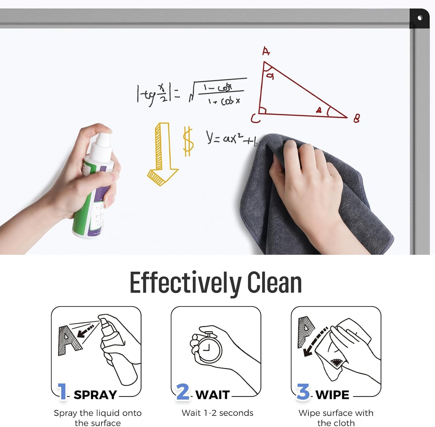 loukin 4 Pack Magnetic Cleaning Cloth, Microfiber Dry Erase Eraser, Washable Whiteboard Cleaning Cloth for Classroom, Home and Office, Gray, 12" x 12" - 3.4 fl oz Whiteboard Cleaner x 2 Included
