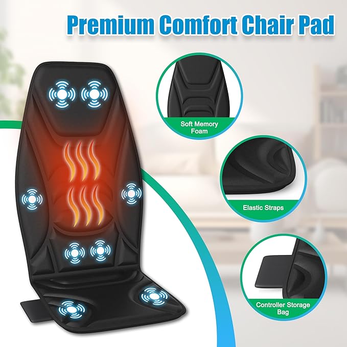 Portable Back Massager with Heat & Vibration - Deep Tissue Pain Relief for Shoulder, Back, Lower Back and Thighs - Office Chair Massage Pad, Ideal Gift for Men and Women