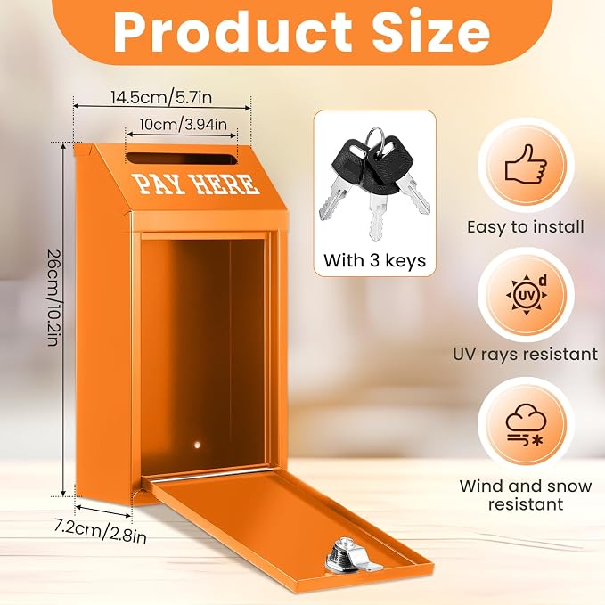 Yaocom Safe Metal Cash Box for Farm Stand – Money Drop and Secure Donation Collection, Wall Mount Lockable Unit with Pre Drilled Holes for Outdoor Self Serve(Orange,10.2 x 5.7 x 2.8 Inch)