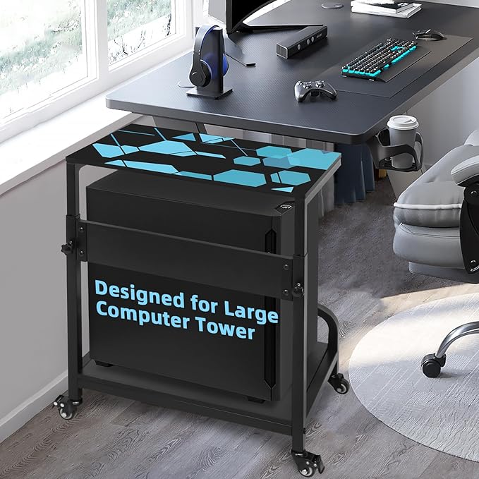 Height Adjustable Computer Tower Stand, Compact Printer Stand, 2 Tier for ATX Case, Extra Large CPU Floor Stand PC Tower Stand CPU Holder Cart with Guard Rail 32.7" X 21.6" X 15.8", Blue