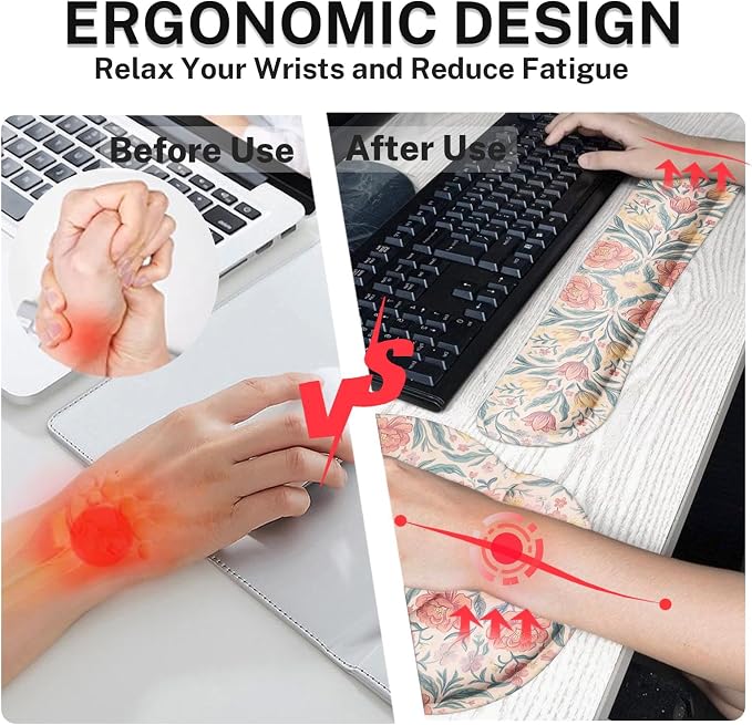 Ergonomic Mouse Pad Set with Wrist Rest, Floral Boho | Vintage Pink Non-Slip Rubber Base Wrist Cushion Support and Coasters Mousepad with Wrist Support for Computer Keyboard