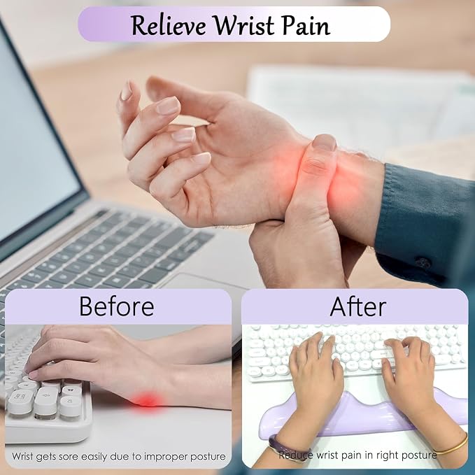 Acrylic Computer Keyboard Stand with Gel Mountain Wrist Rest Keyboard Riser with Comfortable Clear Silicone Mouse Wrist Pad Ergonomic Tilted Transparent Keyboard Holder for Desktop Office Purple
