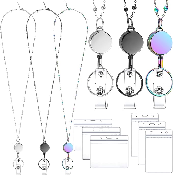 Lanyards for Id Badges 3 Pack Badge Lanyard with 6 Pcs Id Badge Holder Retractable Stainless Steel Teacher Lanyard Cruise Ship Lanyards for Girl Women (Black, Silver, Bright Blue)