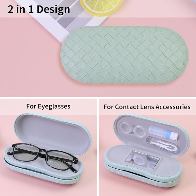 2 in 1 Contact Lens Case and Eyeglasses Case for Women Men Kids, Double Sided Hard Shell Portable Glasses Travel Holder with Built-in Mirror, Contact Lens Box Storage Kit, Green