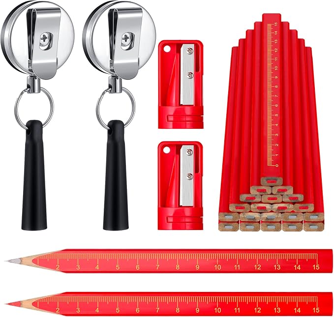 Honoson 24 Pcs Carpenter Pencil with Sharpener,Red and Black Refill | Construction Pencils for Jobsite, Octagonal Flat Design Prevents Rolling, Black Refill Clear Marking, Retractable Pen Holder