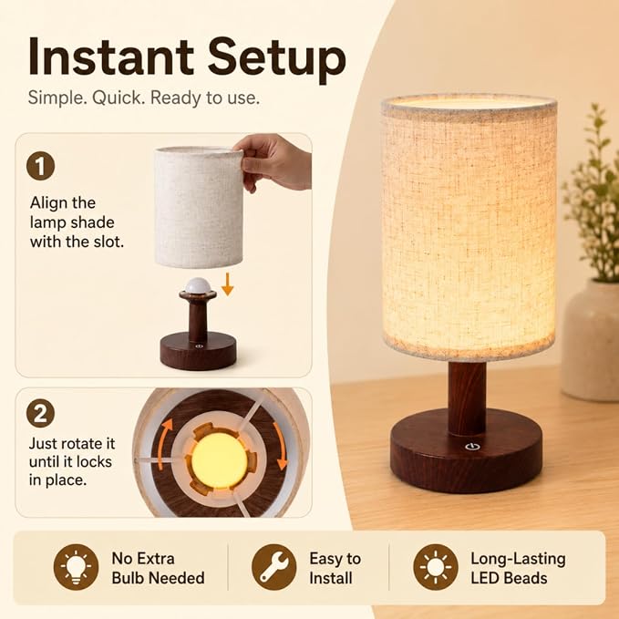 Mini Cordless Bedside Lamp, Touch Rechargeable LED Night Light | Minimalist Portable Lamp, 3 Color Modes, Stepless Dimmable, 4000mAh Battery, Decor for Bedroom & Living Room