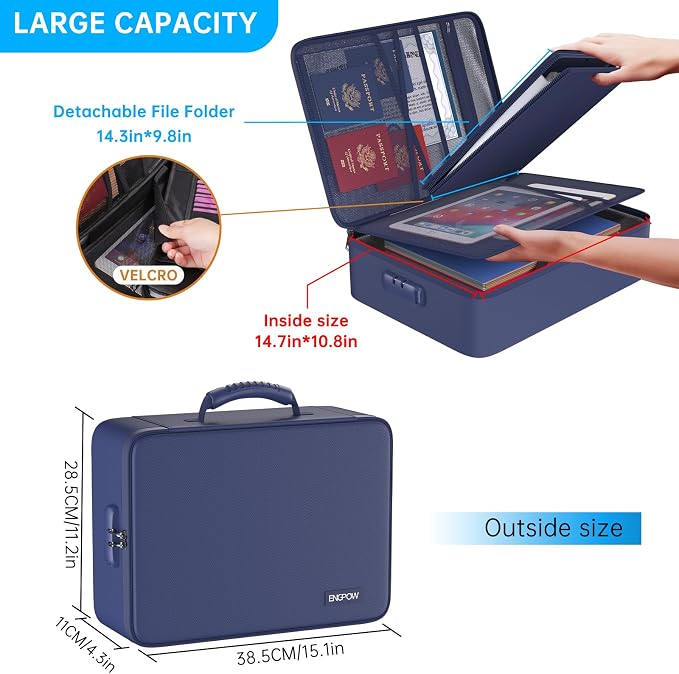 ENGPOW Fireproof Document Organizer Bag with Lock ＆ Accordion File Folder | 5200℉ Multi-Layer File Organizer Box with Lock ,Heat Insulated, Water Resistant, Safe Storage for Home Office Travel, Blue