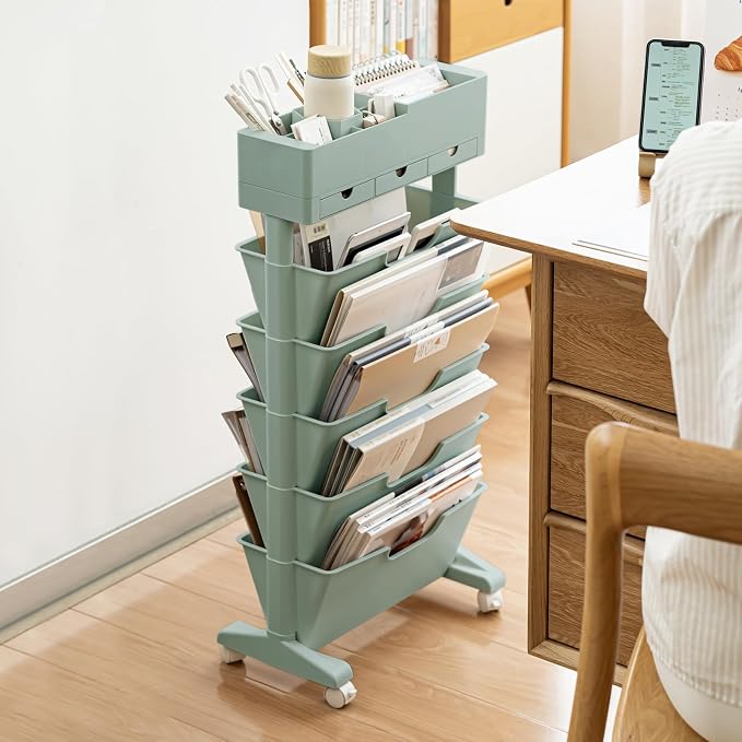 5 Tier Rolling Book Cart Multi-Functional Movable Storage Bookshelves | rolling bookshelf,Movable Storage Bookshelves with Lockable Wheels for Study Office Library Classroom,