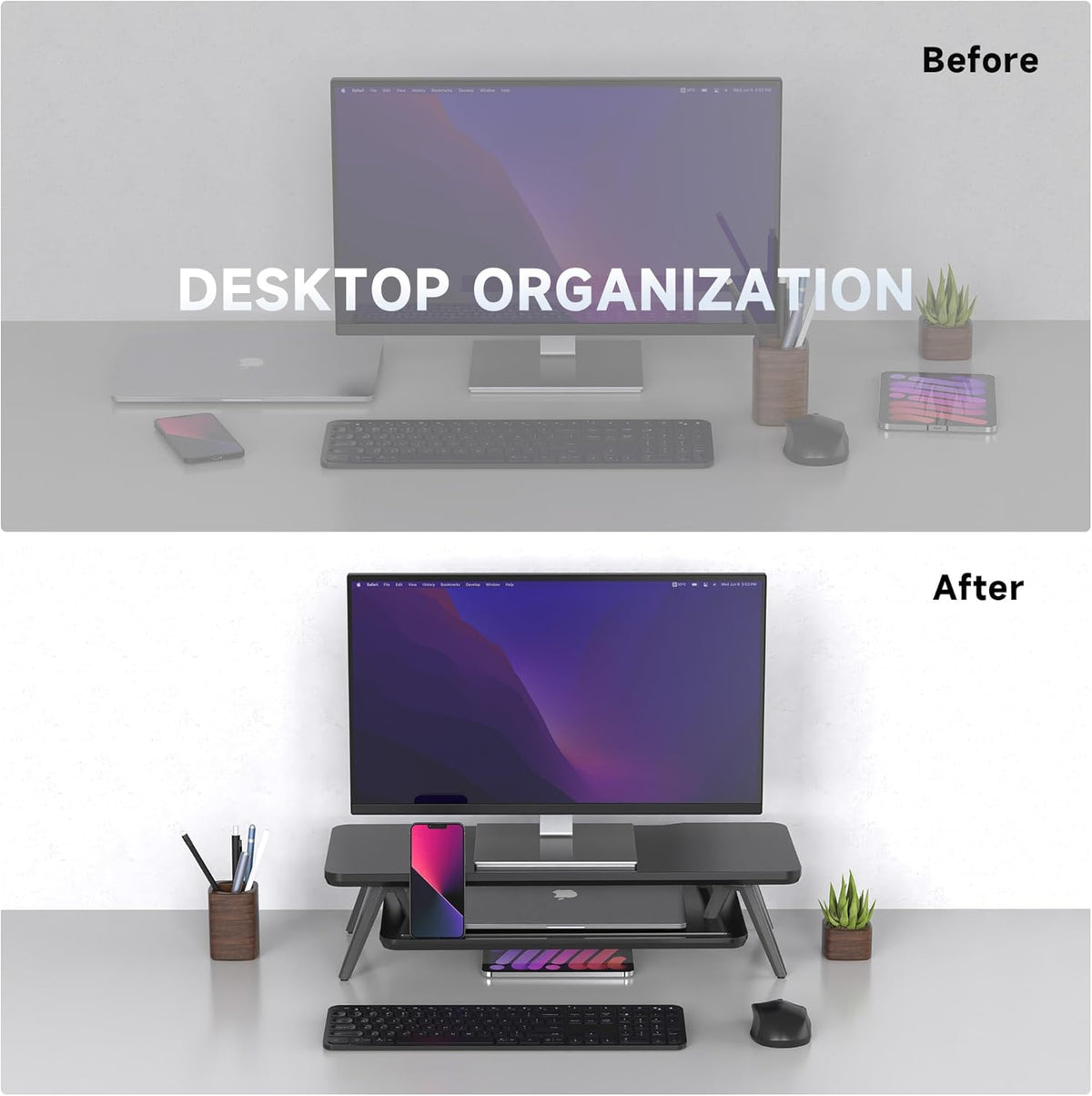 Fenge Monitor Stand, Monitor Stands Riser for Desk, 23.6 Inch Wood Desk Shelf with Storage Organizer and Cable Management for Office Desk Accessories