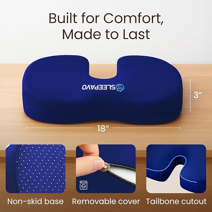 Sleepavo Office Chair Cushion - Seat Cushion for Tailbone Pain Relief - Butt Pillow for Coccyx, Sciatica, and Lower Back Pain - Orthopedic Chair Pad for Lumbar Support in Office Desk (Navy Blue)