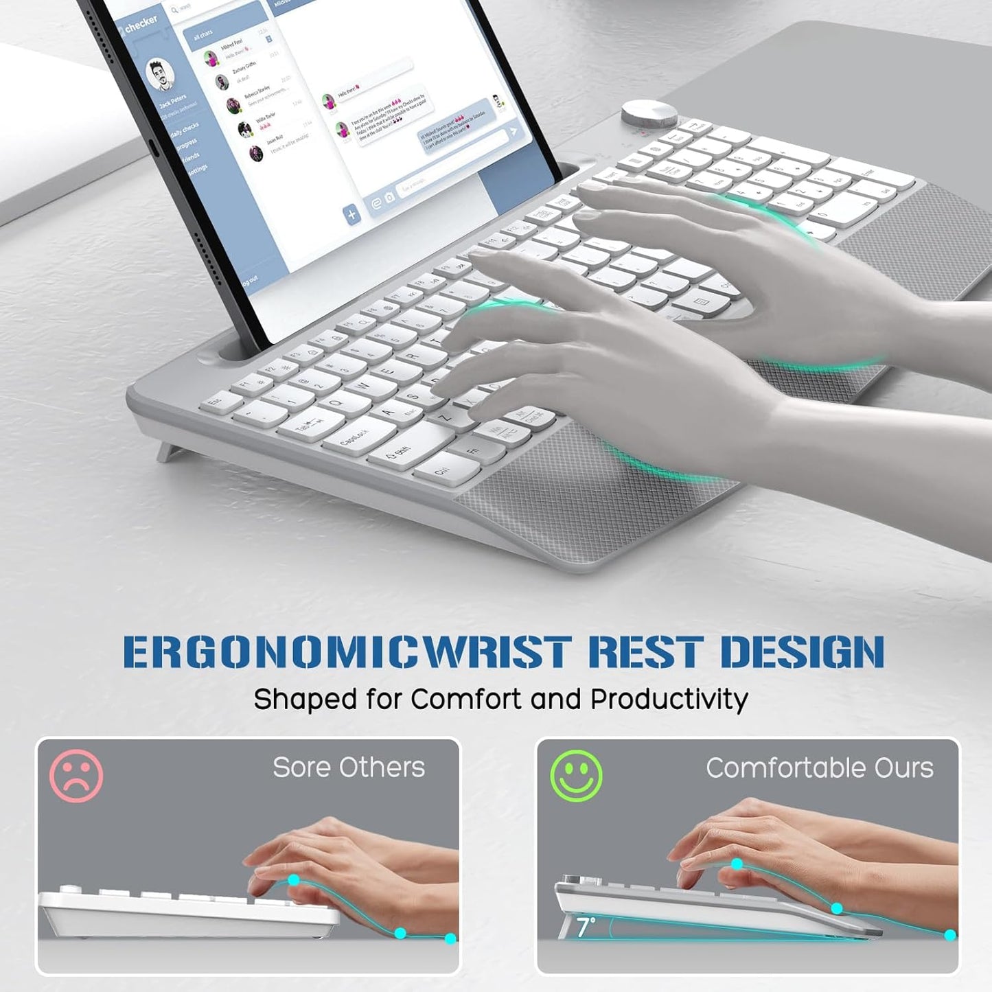 JOYACCESS Ergonomic Wireless Keyboard, 2.4GHz Cordless USB Full-Size Keyboard with Wrist Rest, Quiet Design & Numeric Keypad, Phone Holder for Desktop, Laptop, PC, Mac, Windows -Silver White