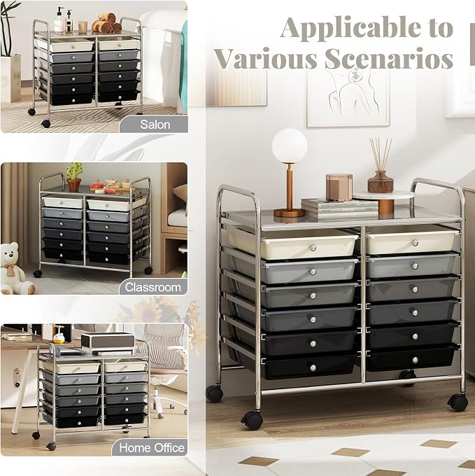 RELAX4LIFE 12-Drawer Rolling Storage Cart - Mobile Utility Cart on Wheels for School Classroom Teacher Office Salon, Paper File Art Supply Craft Organizer, Rolling Cart with Drawers (Gradient Black)