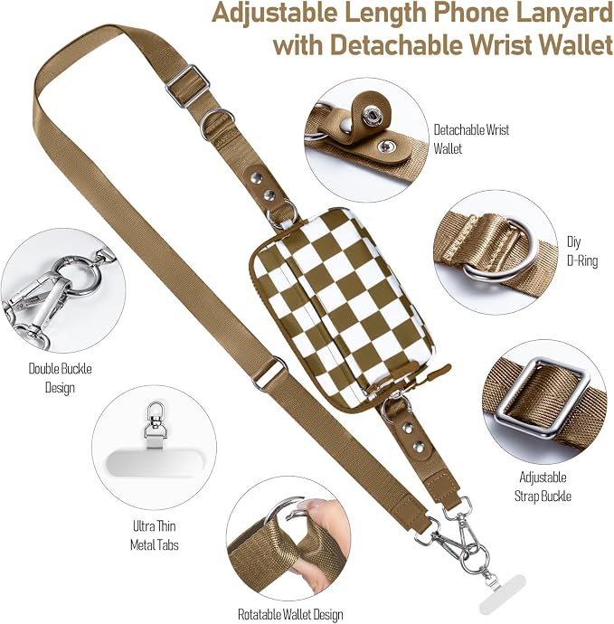 Tiostep Clip and Go Strap for Phone with Wallet Crossbody Phone Lanyard Adjustable and Detachable RFID Wristlet Wallet (Camel Checkered, Medium)