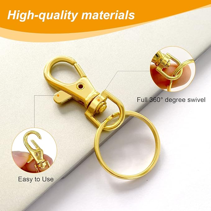 100PCS Swivel Snap Hooks with Key Rings, Premium Metal Swivel Lobster Claw Clasps Assorted Sizes (Large, Medium, Small) for Keychain Clip Lanyard, Jewelry Making, Crafts, Gold