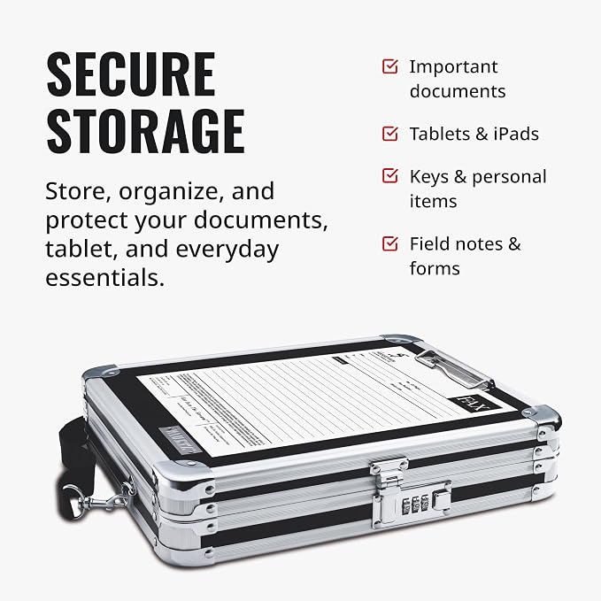 Vaultz Locking Metal Clipboard with Storage, Combination Lock, Black | Holds 8.5 x 11 letter-size paper or a tablet device in place, heavy-duty metal design with reinforced chrome steel corners