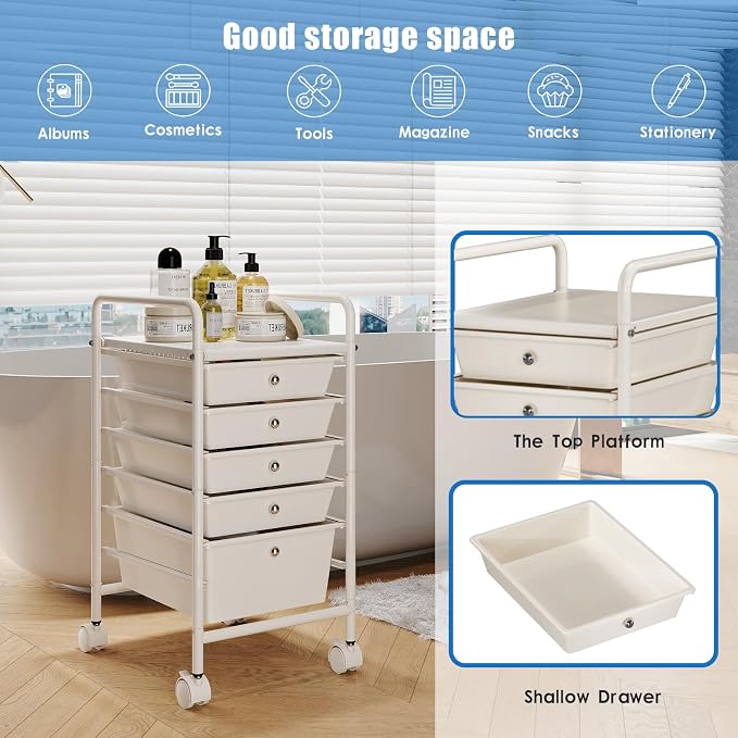 Rolling Storage Cart with Drawers 5-Tier Lock Wheels Office White | Utility Cart with 5 Drawers & 2 Lockable Caster, Multipurpose Mobile Drawer Cart for School Bathroom Kitchen