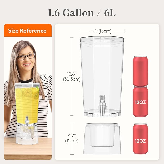 Lifewit 1.6 Gallon Drink Dispenser for Parties, 6L Plastic Beverage Container with Stand for Juice/Tea/Soda & Lemonade, Clear Water Pitcher with Spigot for Mimosa Bar Hosting 39 x 16 cm/15x6"