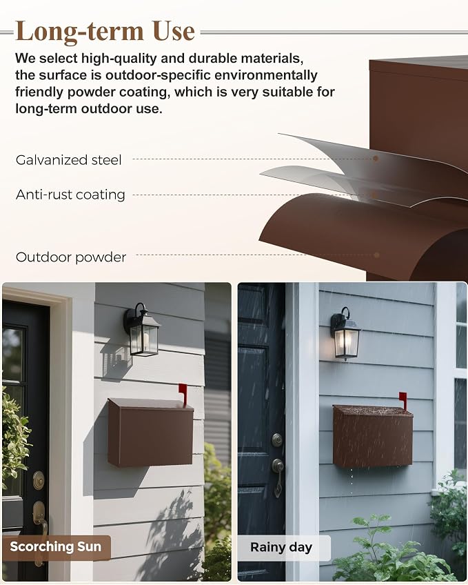 Wall-Mount Mailbox for Outside, Large Capacity Rust-Proof Mail Box with Stay-Open Lid & Red Flag Kit, Galvanized Steel Weather-Resistant Post Box for House Outside, 10.5"x4.3"x14.2", Brown