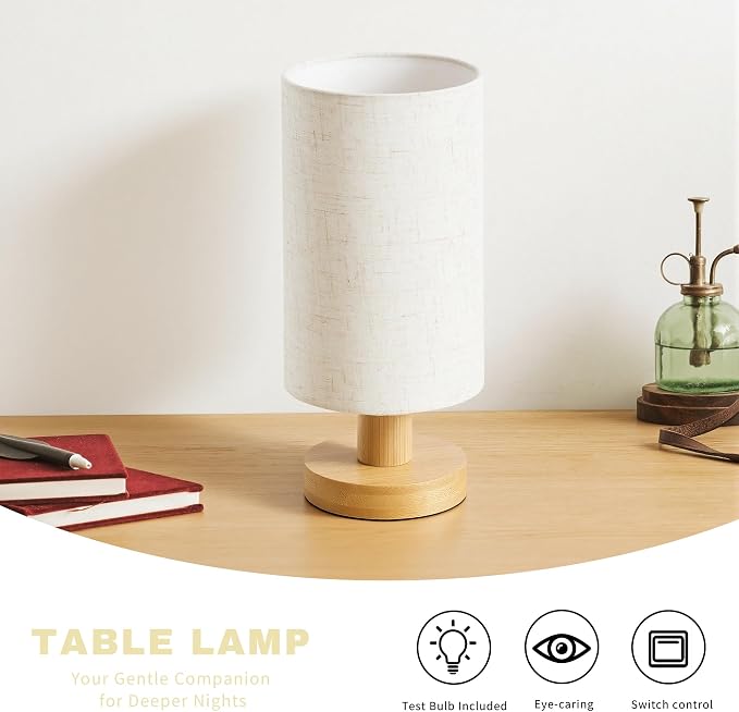 Bedside Lamps Set of 2, Bamboo Small Table Lamp for Nightstand | 10'' Minimalist Nightstand Lamps, Modern Desk Lamp for Bedroom, for Living Room, E26, Natural