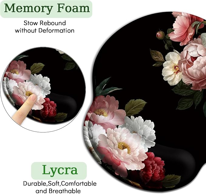 LIMKRIAN Black Flower Ergonomic Mouse Pad with Wrist Rest, 9.8 x 8.6 in | Comfort Gel Wrist Support Pain Relief, Non-Slip PU Base, Smooth Surface, Mousepad for Computer Office Desk Accessories Decor