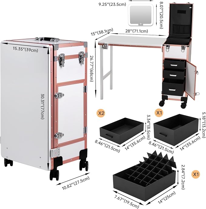 Rolling Portable Manicure Table with 3 Drawers, Lockable Makeup Train Case with Detachable Mirror, Foldable Nail Desk with Wheels & Handle, Mesa de Uñas Profesional para Nail Techs & Salon Use, White
