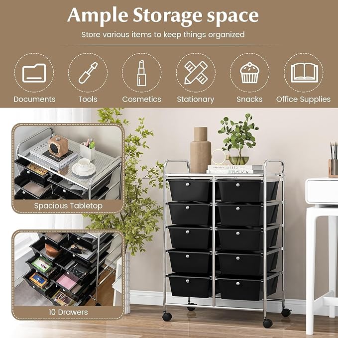 10 Drawer Rolling Cart, Storage Cart Organizer on Wheels, Drawer Cart with Metal Frame & Large Storage Capacity, Rolling Cart with Drawers for Living Room Classroom, Office