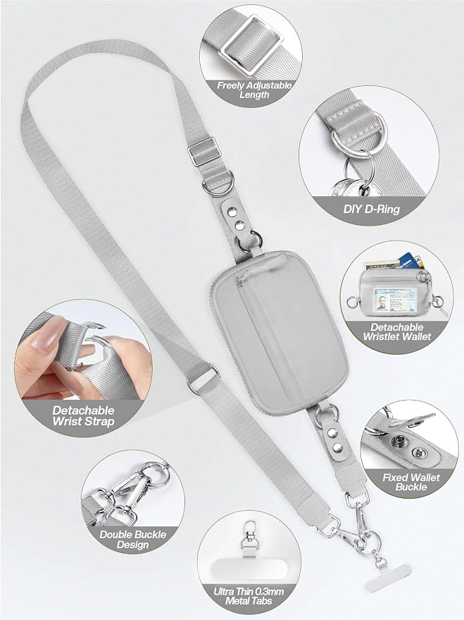 Tiostep Clip and Go Strap for Phone with Wallet Crossbody Phone Lanyard Adjustable and Detachable RFID Wristlet Wallet (Grey, Medium)