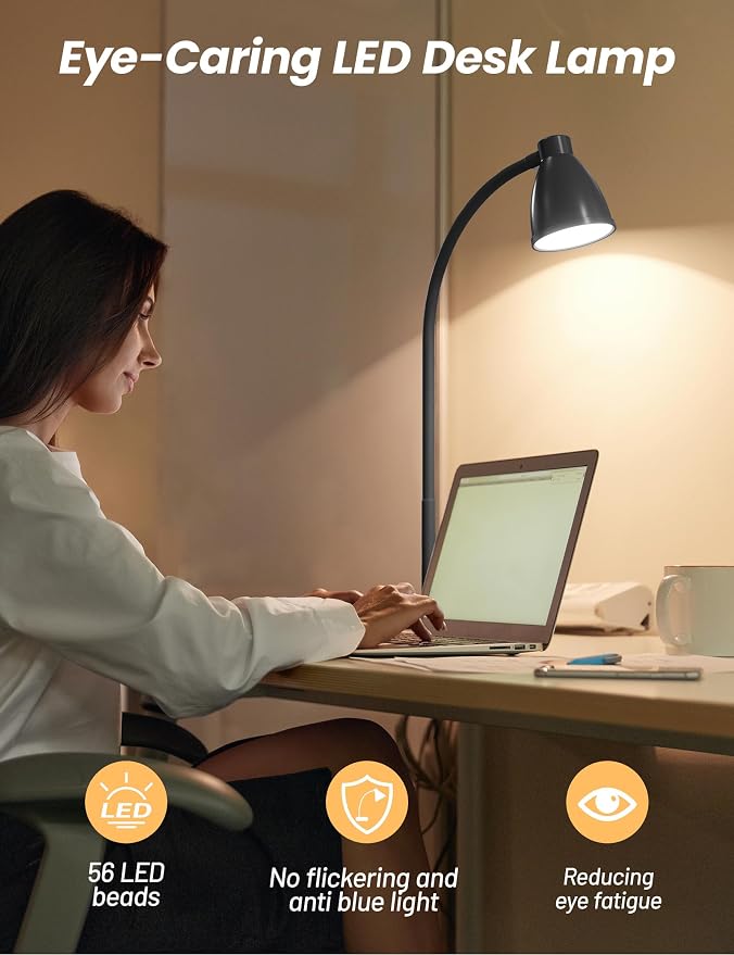 BOHON LED Desk Lamp with USB Charging Port 3 Color Modes Dimmable, Black | Reading Light Intelligent Induction Auto Dimming Task Lamp Neck Flexible Table Lamp for Bedside Office, AC Adapter Include