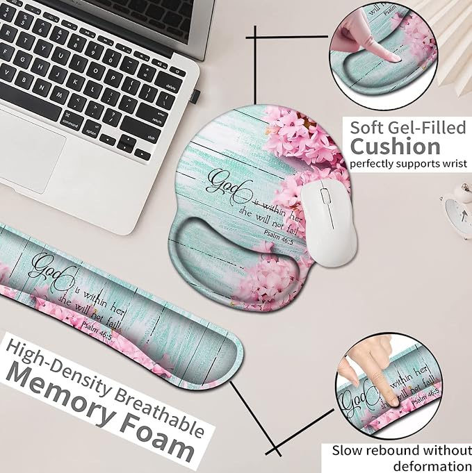 Mouse Pad with Wrist Support, Ergonomic Gel Mouse Pad Beautiful Flowers,Pink Hyacinths on Wood Panel，Non-Slip Durable, Memory Foam Keyboard Wrist Rest, Suitable for Office Typing Games