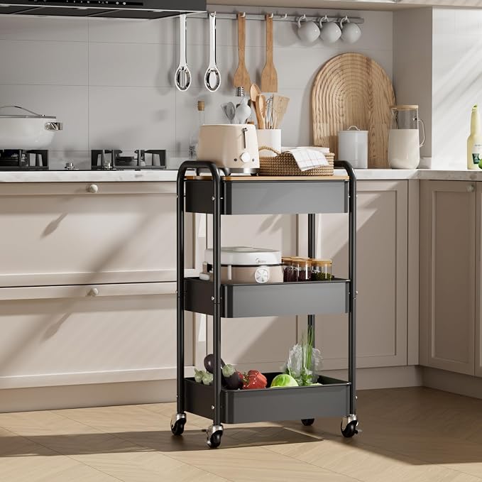 3-Tier Rolling Cart with Table Top, Metal Utility Cart on Wheels | Sturdy Storage Organizer Cart with Lockable Wheels&Hooks for Craft, Office, Classroom, Kitchen and Bathroom, Black