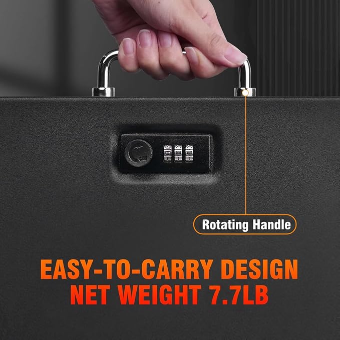 TOTOY 0.35 CuFt Portable Steel Fireproof 3-Digit Lock Handheld Document Box | Rotable Carrying Handle Storage Lock Box for A4 Documents Passport Cash Money Laptop Tablet Jewelry, 13.8''W x 11''D x 4''H
