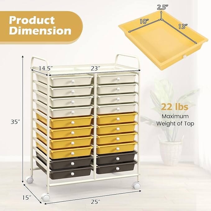 RELAX4LIFE 20 Drawer Rolling Storage Cart, Mobile Rolling Cart w/Drawers for School Classroom Teacher Office Home Salon, Paper File Art Supply Craft Organizer, Utility Cart on Wheels (Yellow)