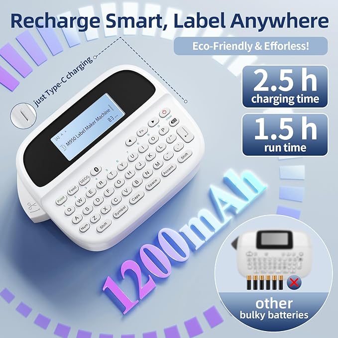 M950 Label Maker Machine Bundle, Rechargeable Portable Labeler Machine with 7 Tapes 12mm White, Bluetooth Handheld Label Printer, Backlit Inkless Labeling Maker for Office School Home