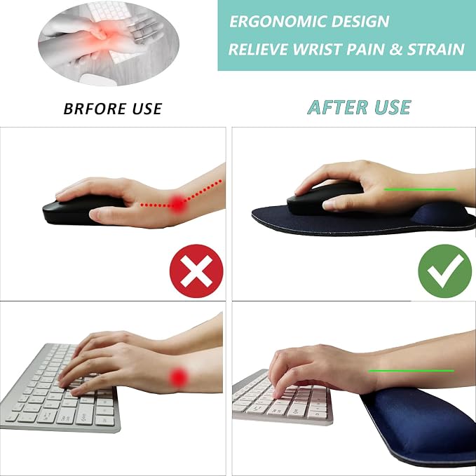 Keyboard Wrist Rest Pad Mouse Pad with Wrist Support Set of 3, Mousepad with Non-Slip Rubber Base, Ergonomic Memory Foam Mouse Wrist Cushion Support for Home Office Laptop Computer Gaming, Navy Blue