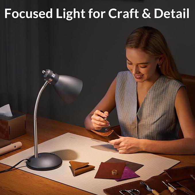 LEPOWER Metal Desk Lamp, Adjustable GooseNeck Reading Light for Bedroom | Compact & Sturdy, Space-Saving for Bedside & Dorm, E26 Table Lamp, Eye-Caring, Ideal for Study, Office, Back to School